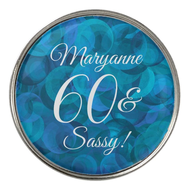 Elegant Ocean Blue 60 & Sassy Birthday Party Golf Ball Marker (Front)