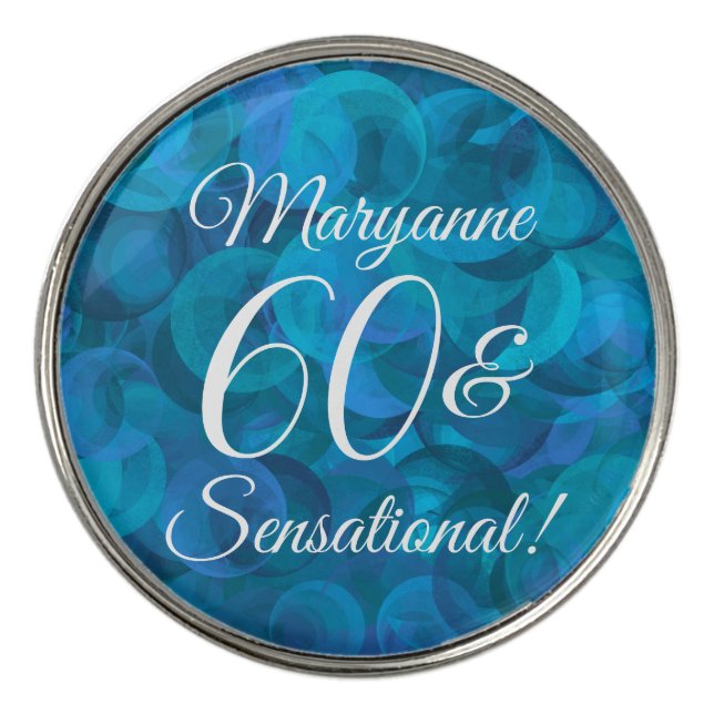 Elegant Ocean Blue 60 & Sensational Birthday Party Golf Ball Marker (Front)