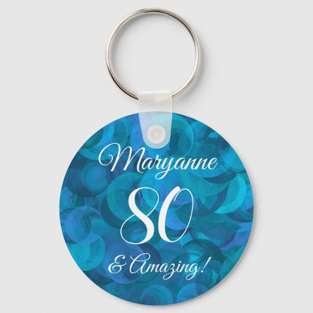 Elegant Ocean Blue 80 and Amazing Birthday Party Keychain (Front)