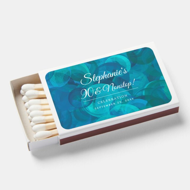Elegant Ocean Blue 90 and Nonstop Birthday Party Matchboxes (Front Open)