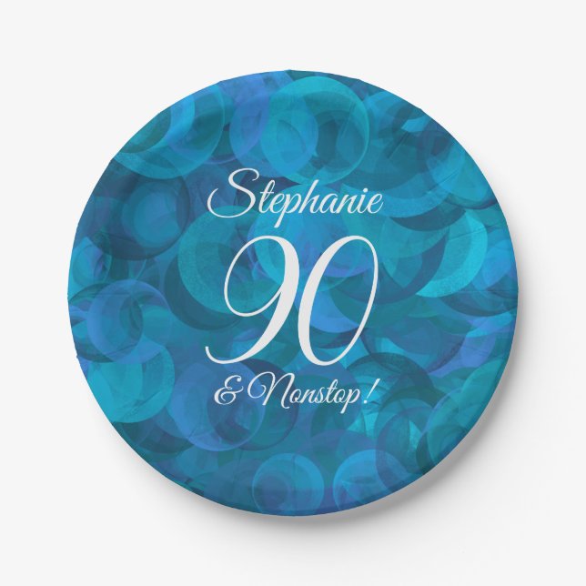 Elegant Ocean Blue 90 and Nonstop Birthday Party Paper Plates (Front)
