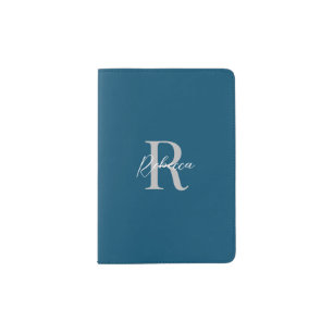 Elegant Ocean Blue and White Minimalistic Monogram Passport Holder