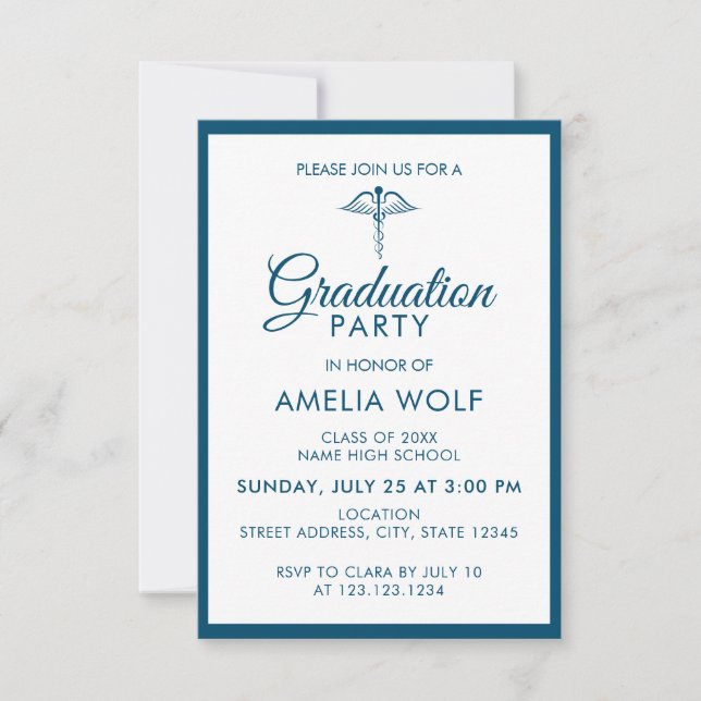 Elegant Ocean Blue Caduceus Pharmacist Graduation Invitation (Front)