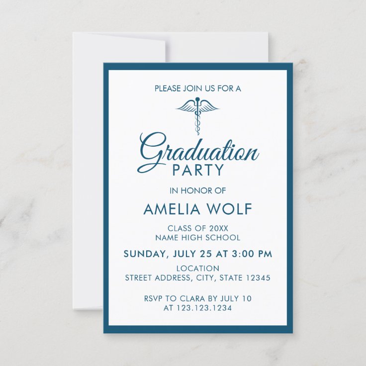 Elegant Ocean Blue Caduceus Pharmacist Graduation Invitation Zazzle