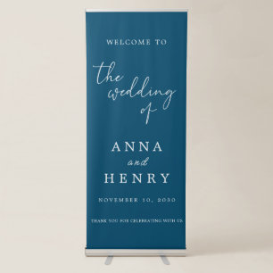 Elegant Ocean Blue Calligraphy Welcome Wedding Retractable Banner