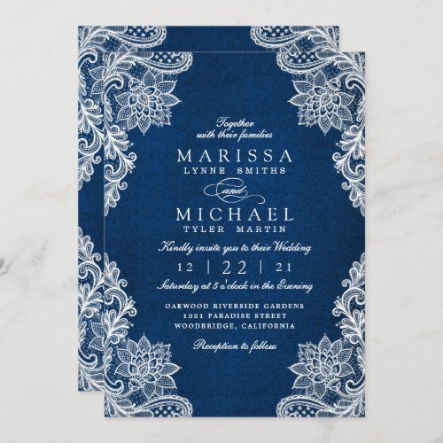 Elegant Ocean Blue Floral Lace Wedding Invitation