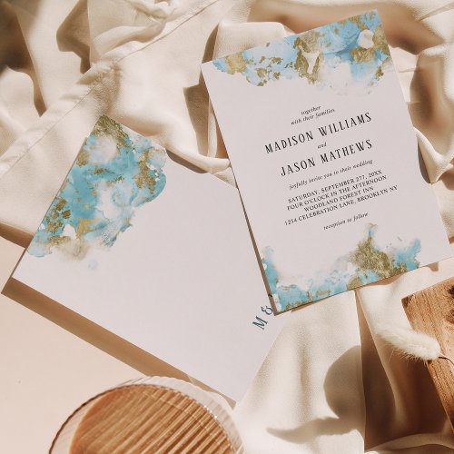 Elegant Ocean Blue Gold foil Monogram Wedding Invitation