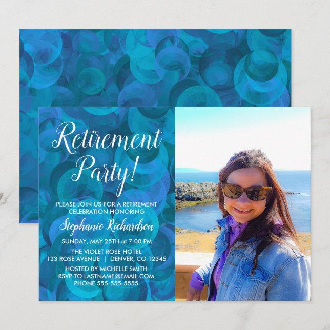 Elegant Ocean Blue Photo Retirement Party Invitation (Front/Back)