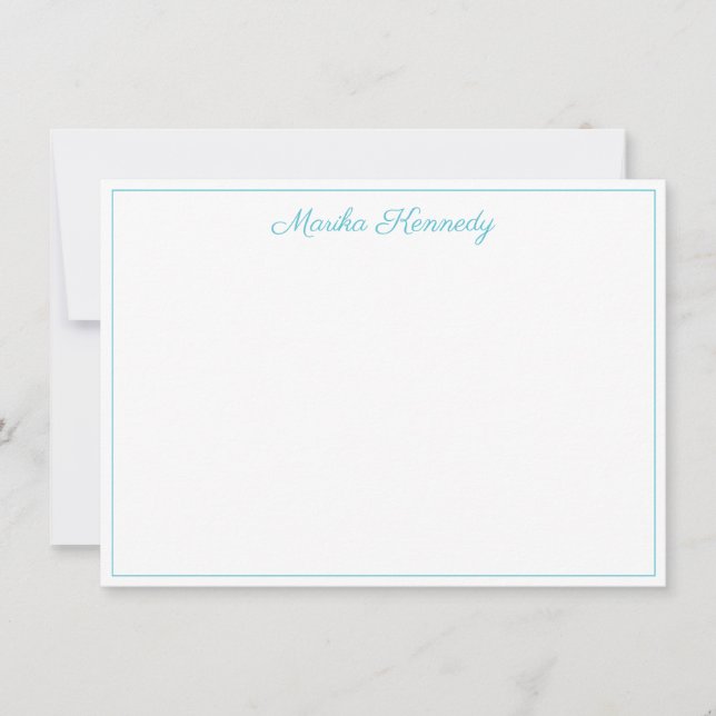 Elegant Ocean Blue Script Border Note Card (Front)