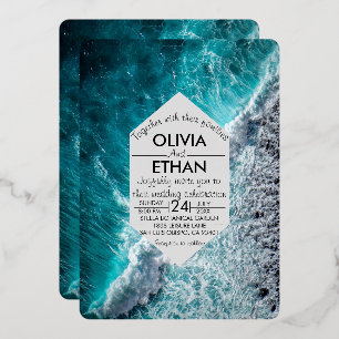 Elegant ocean blue waves Wedding Foil Invitation