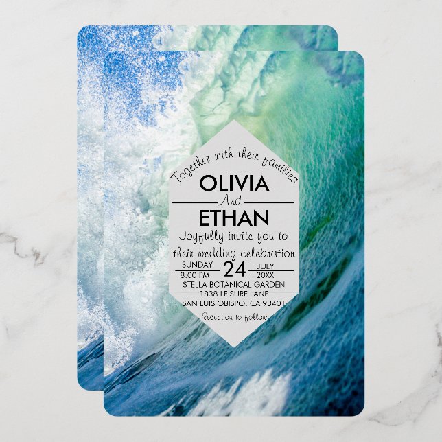 Elegant ocean blue waves Wedding Foil Invitation (Front/Back)