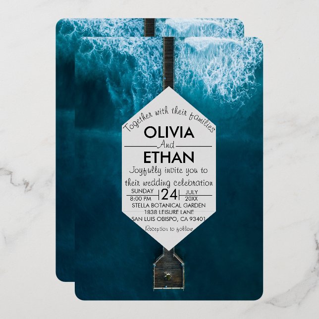 Elegant ocean blue waves Wedding Foil Invitation (Front/Back)