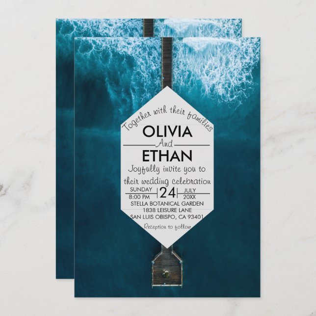 Elegant ocean blue waves Wedding Invitation (Front/Back)