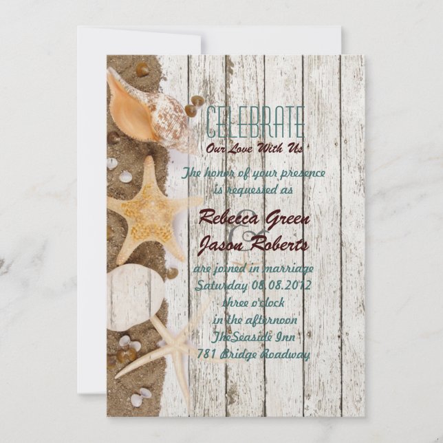 elegant ocean cottage seashells beach wedding invitation (Front)