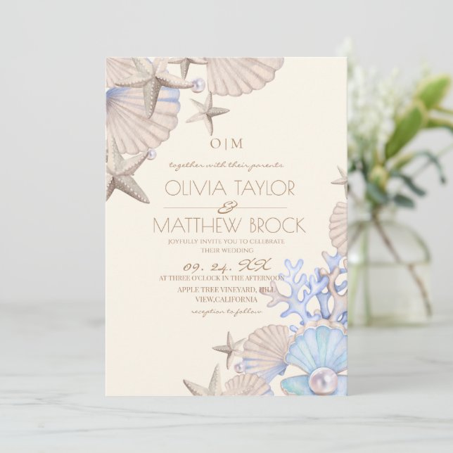  Elegant Ocean dusty blue & beige Beach Wedding Invitation (Standing Front)