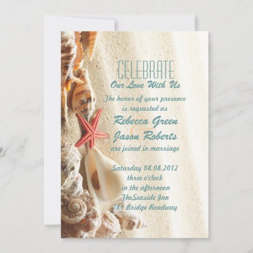 elegant ocean sand seashells beach wedding invitations