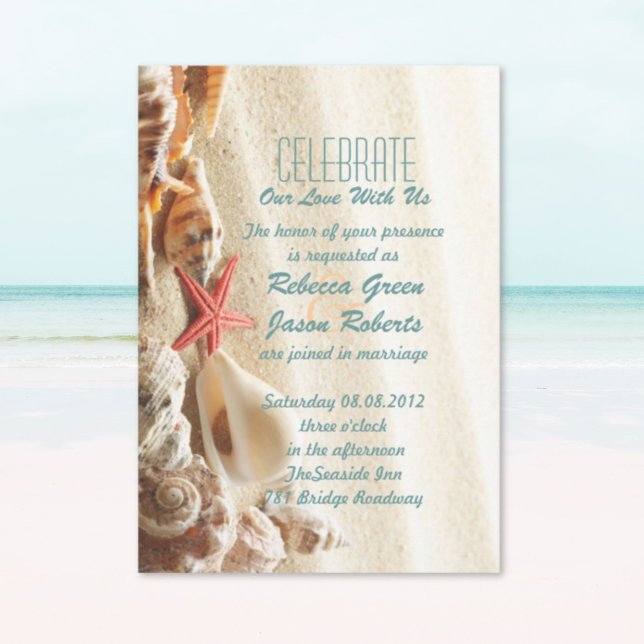 elegant ocean sand seashells beach wedding invitation (Creator Uploaded)