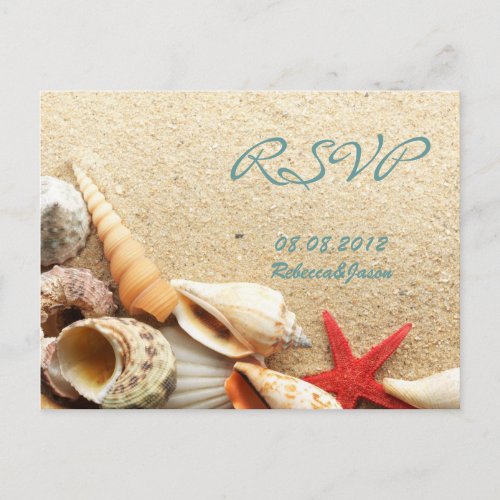 elegant ocean sand seashells beach wedding rsvp invitation postcard