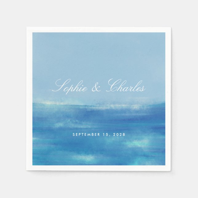 Elegant Ocean Watercolor Save the Date Postcard Napkins (Front)