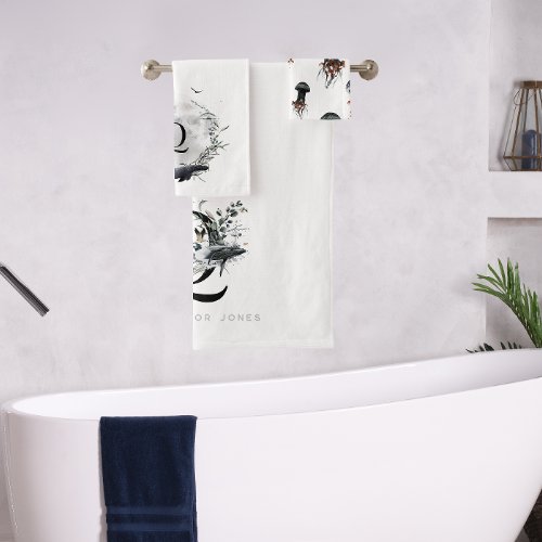 Elegant Ocean  Watercolor Whale Monogram Bath Towel Set