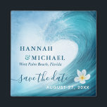 Elegant Ocean Wave Beach Wedding Save the Date Magnet<br><div class="desc">Create your own unique elegant beach save the date magnets by adding your own personalized information. This beautiful, easy DIY template depicts ocean themed watercolor artwork illustrated by Raphaela Wilson. The featured background shows a tropical ocean wave curling to form the shape of a heart against a light blue sky......</div>