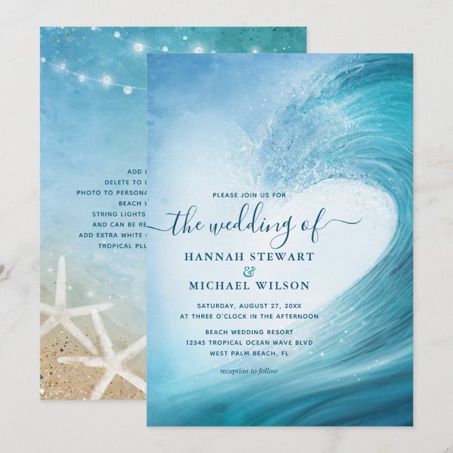Elegant Ocean Wave Tropical Beach Wedding Invitation (Front/Back)