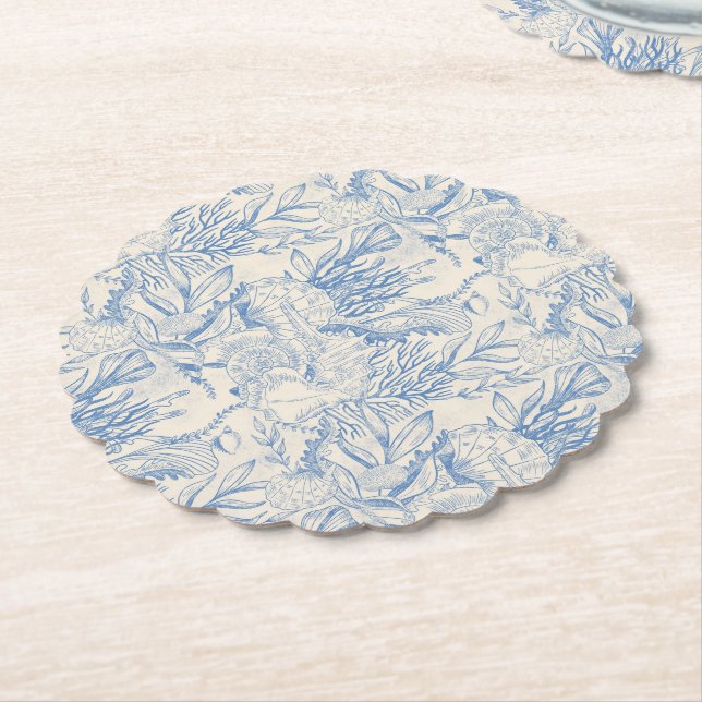 Elegant oceane blue toile paper coaster (Angled)