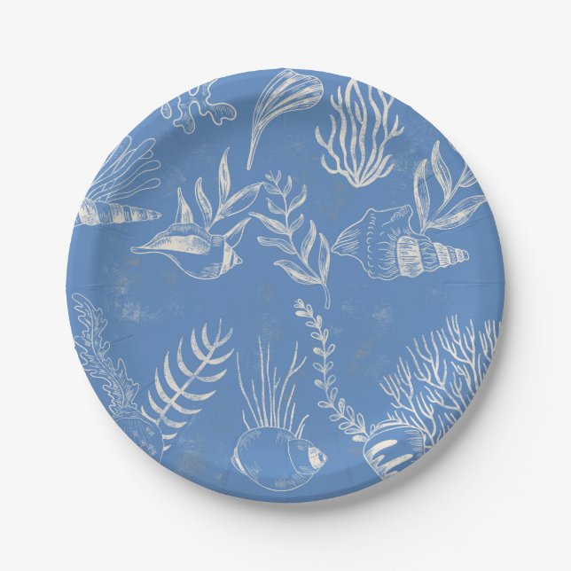 Elegant oceane blue toile paper plates (Front)