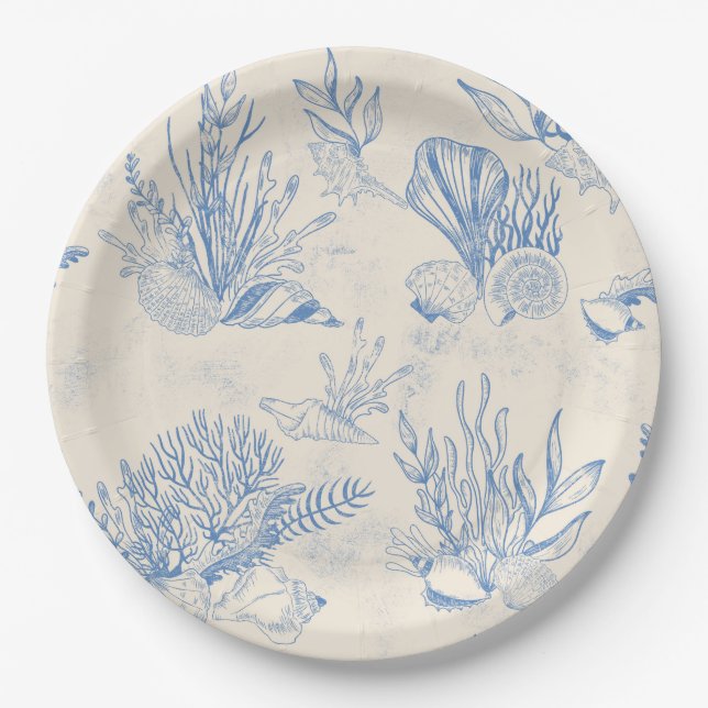 Elegant oceane blue toile paper plates (Front)