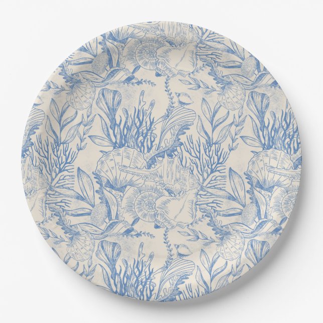 Elegant oceane blue toile paper plates (Front)