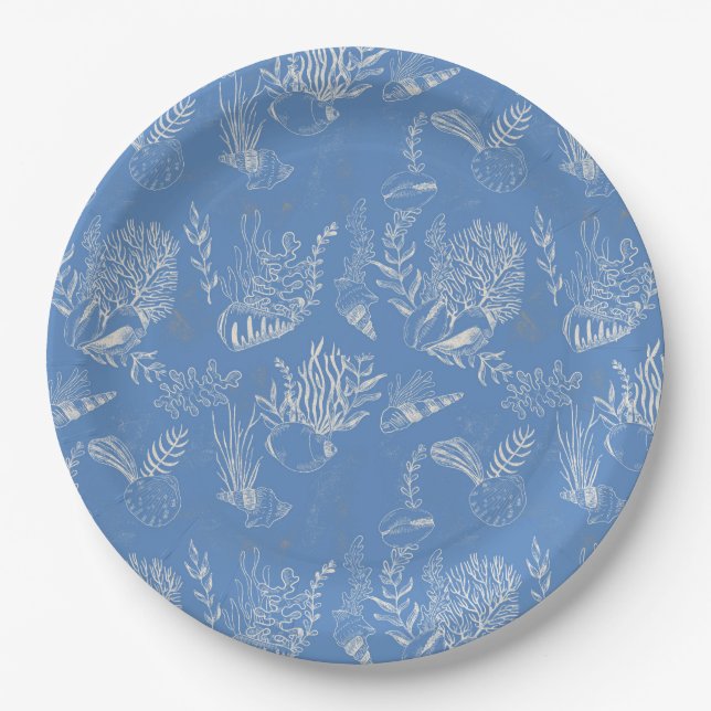 Elegant oceane blue toile paper plates (Front)