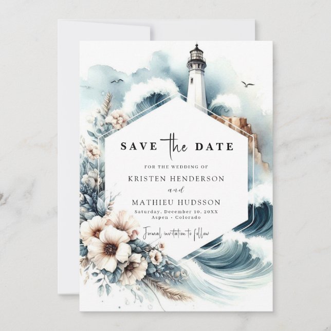 Elegant Oceanic Waves Lighthouse Wedding Save The Date (Front)