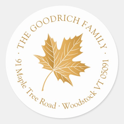 Elegant Ocher Maple Leaf Return Address Classic Round Sticker