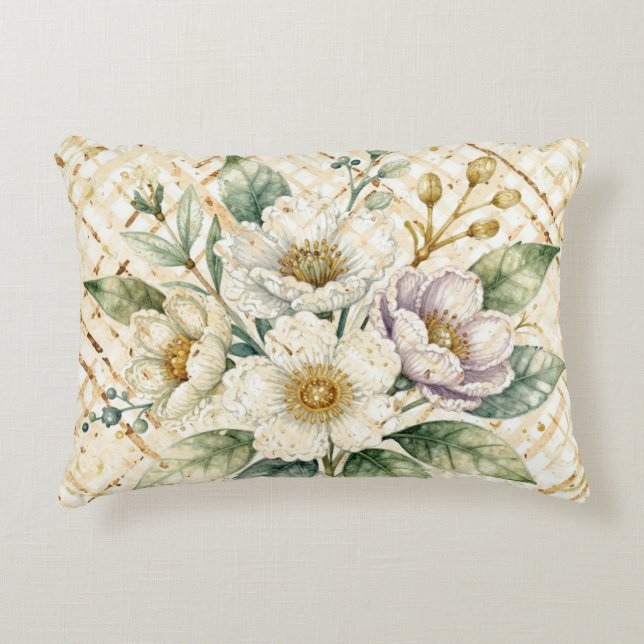 Elegant Off White Flowers, Gold Lattice Pattern Accent Pillow (Front)