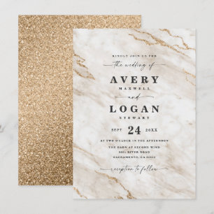 Elegant Off White & Gold Marble & Glitter Wedding Invitation