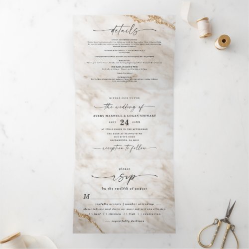 Elegant Off White  Gold Metallic Marble Wedding Tri_Fold Invitation