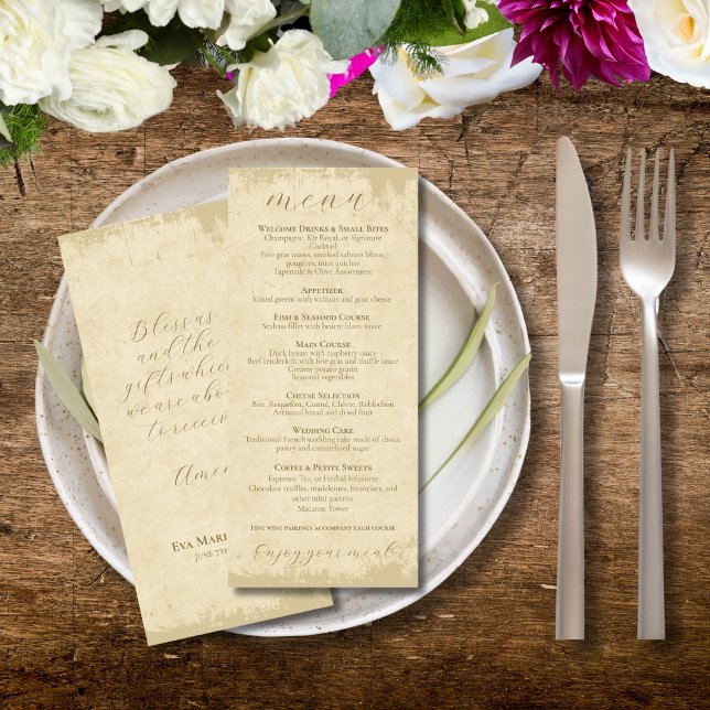 Elegant Off-White Grunge 7-Course Wedding Menu  (Creator Uploaded)