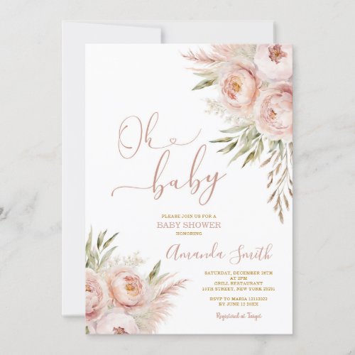 Elegant Oh Baby Boho Pink Peach Floral Baby Shower Invitation