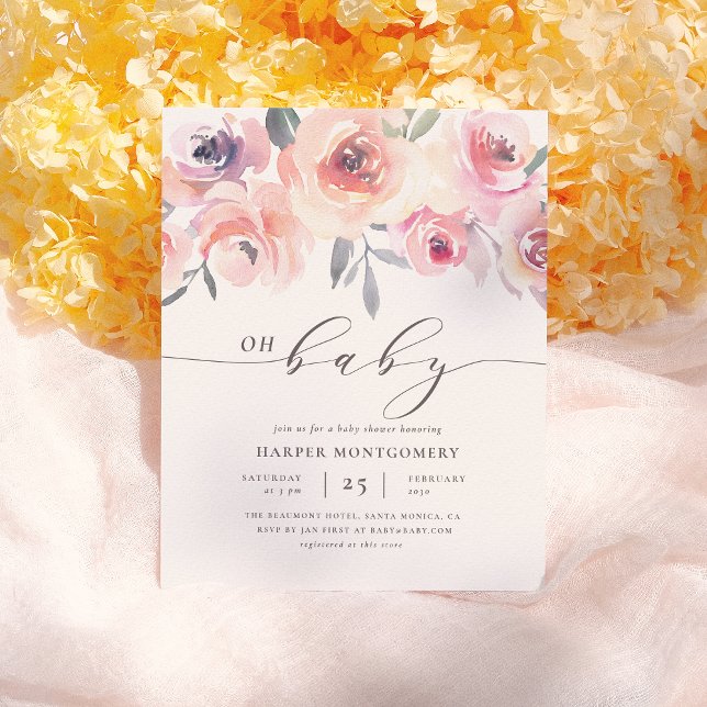 Elegant Oh Baby Lettering Floral Baby Girl Shower Invitation Postcard (Creator Uploaded)
