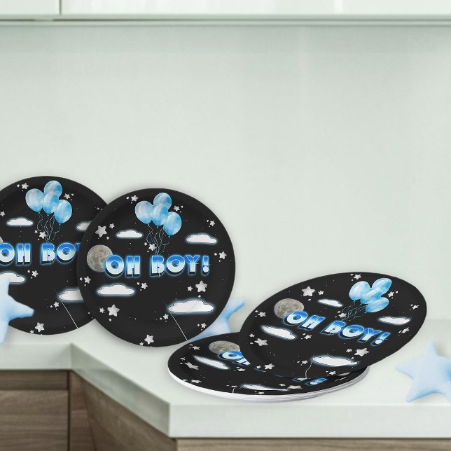 Elegant Oh Boy Blue Balloons Galaxy Baby Shower Paper Plates (Creator Uploaded)