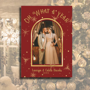 Elegant Oh What A Year Photo Arch Red and Gold Holiday Card