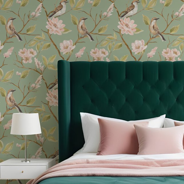Elegant Oil Painting Bird & Branch Pink Floral Wallpaper (Elegant Oil Painting Bird & Branch Pink Floral Wallpaper)