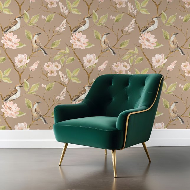 Elegant Oil Painting Bird & Branch Pink Floral Wallpaper (Elegant Oil Painting Bird & Branch Pink Floral Wallpaper)