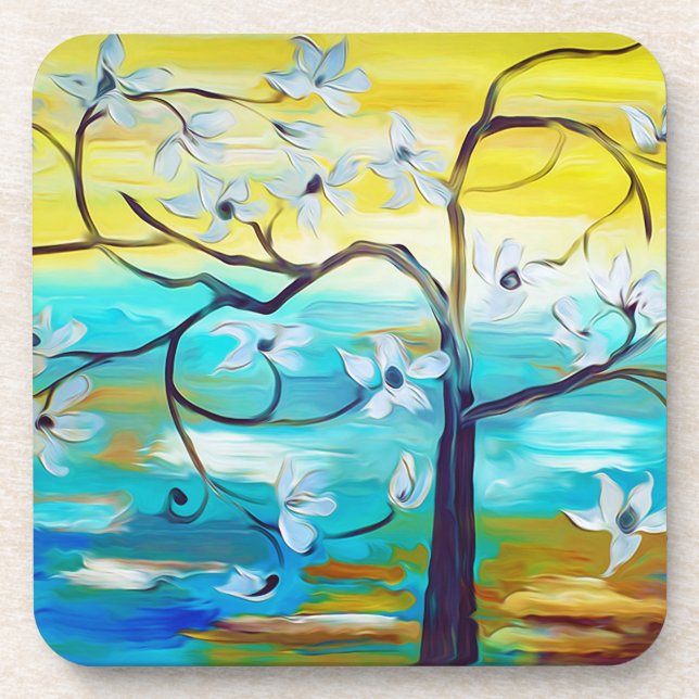 Elegant Oil Painting of a White Flowering Tree Beverage Coaster (Front)