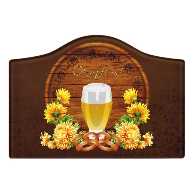 Elegant Oktoberfest Beer, Keg, Chrysanthemums Door Sign (Small Crest Front)