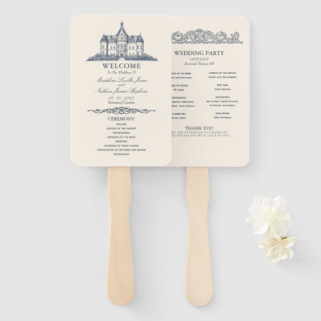 Elegant Old Chateau Manor Wedding Program Hand Fan (Front and Back)