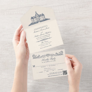 Elegant Old Chateau Manor Wedding QR Code All In One Invitation