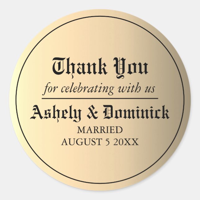 Elegant Old English Gold Thank You Wedding Favor  Classic Round Sticker (Front)