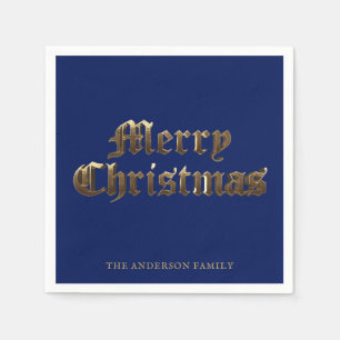 Elegant Old English Lettering Blue Merry Christmas Napkins