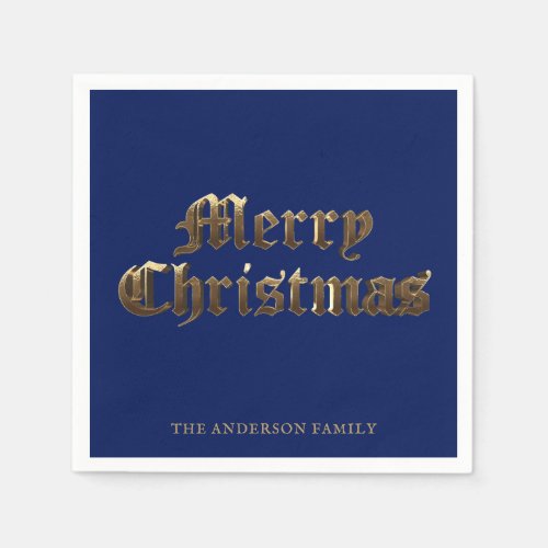 Elegant Old English Lettering Blue Merry Christmas Napkins